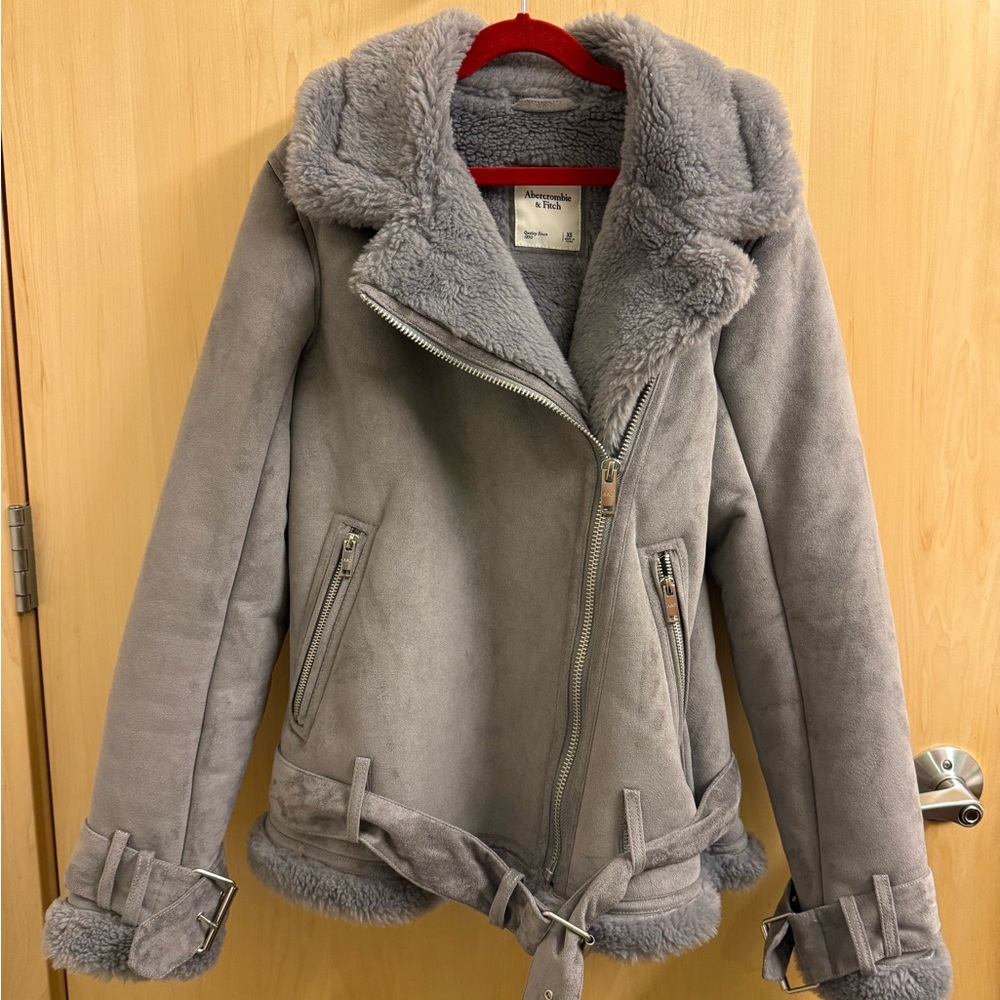 Abercrombie & Fitch Gray Suede and Shearling Moto Jacket